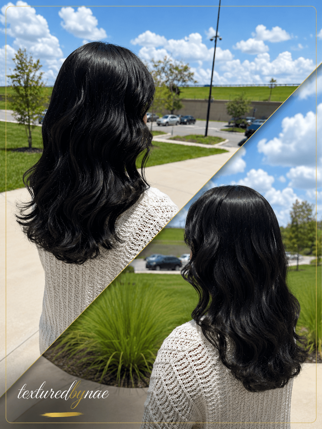 Jet black hair styled into soft glossy waves, photographed outdoors