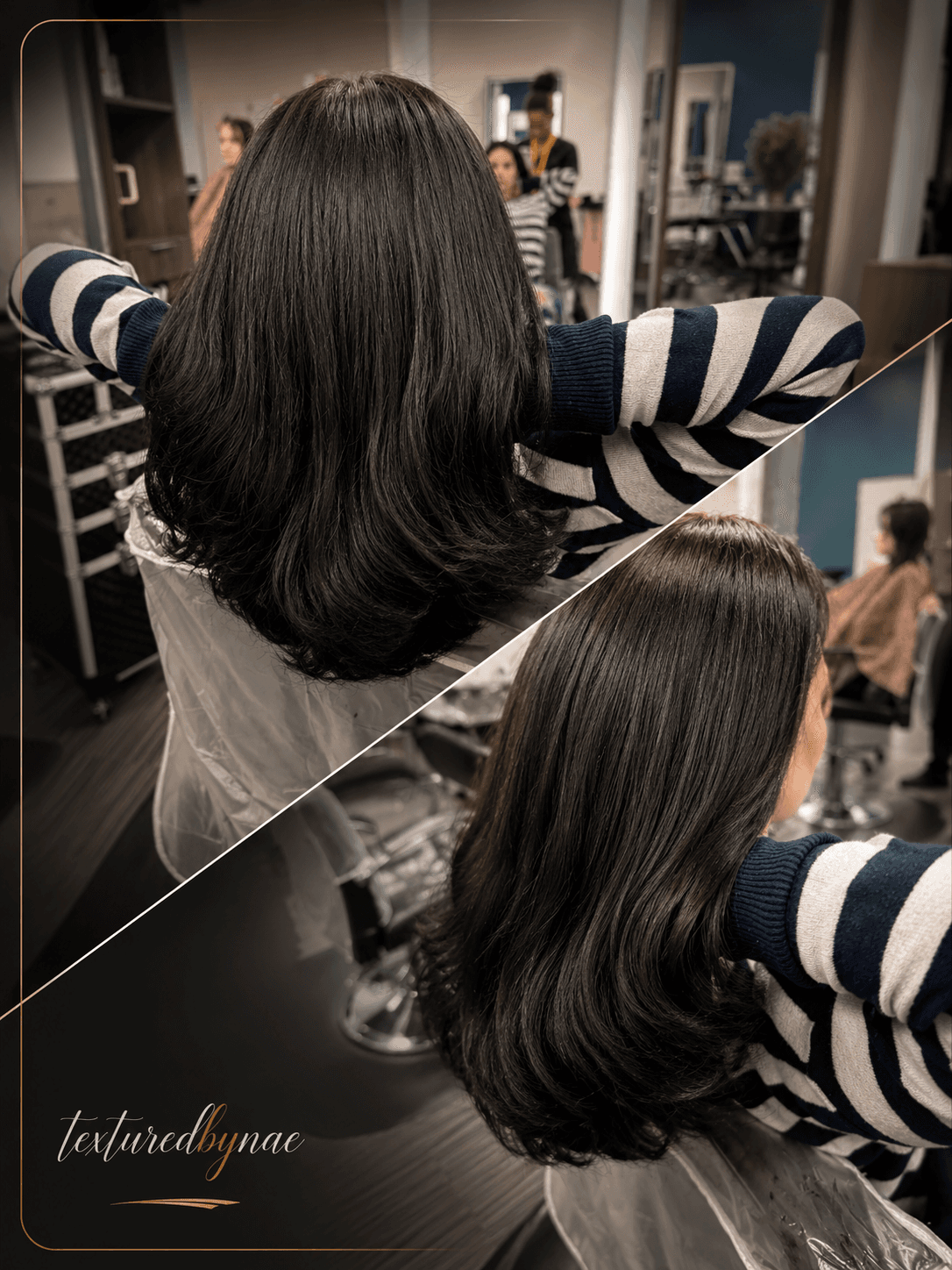 Dark brown hair blown out with volume and movement through the ends