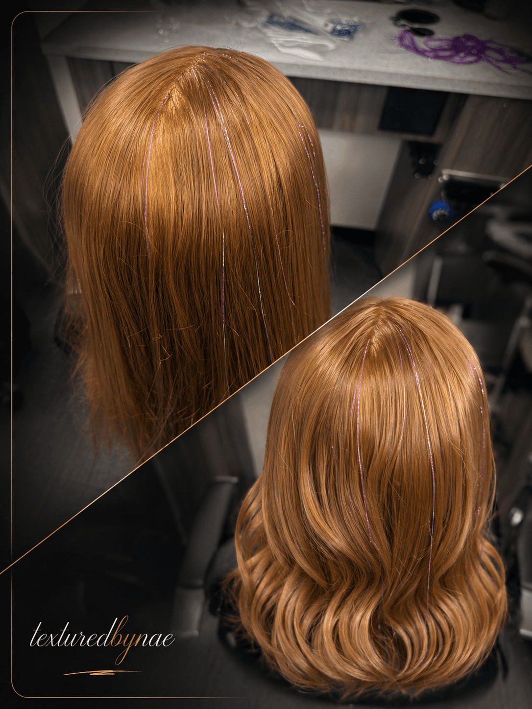Copper hair with fine pink tinsel strands, shown straight and then curled